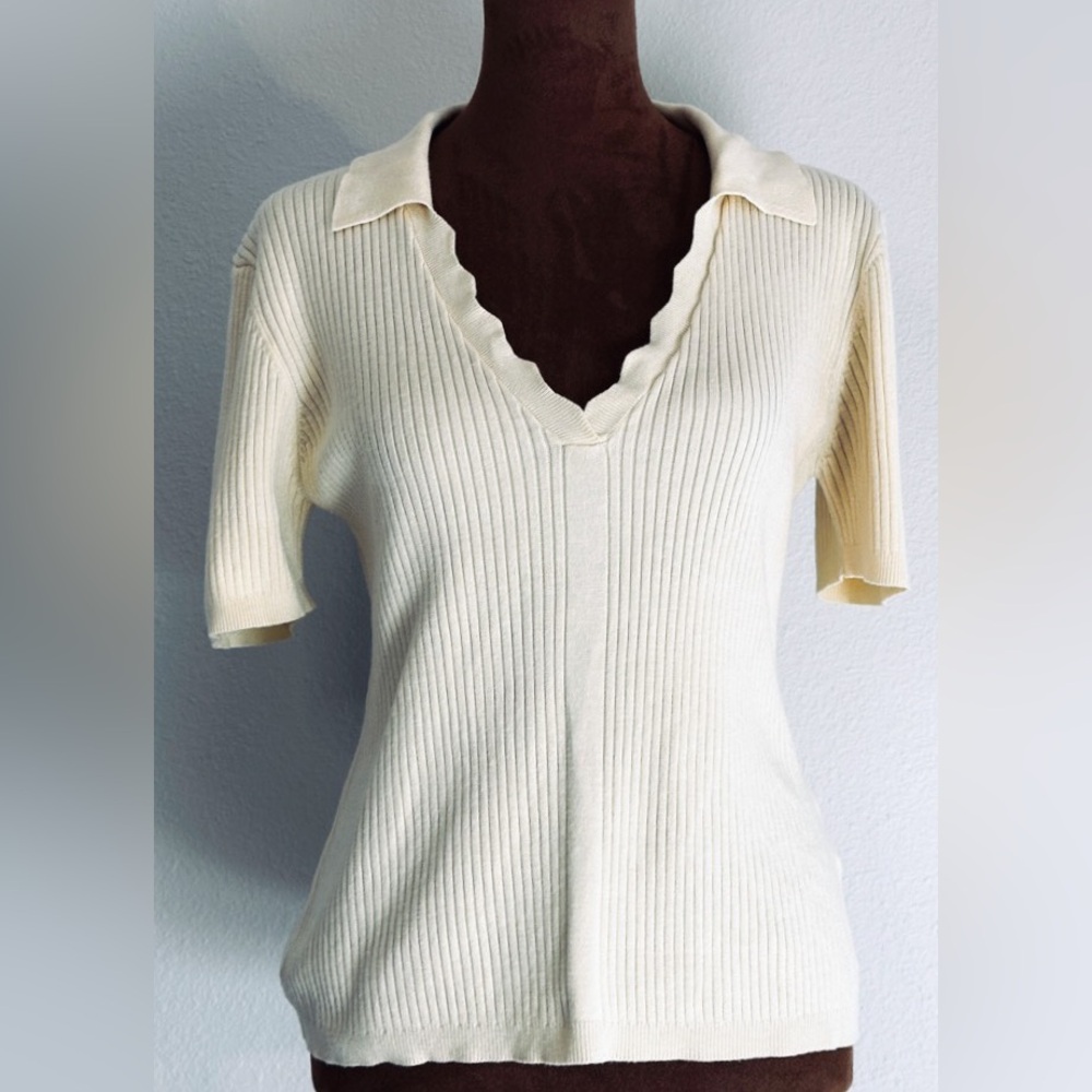 Laundry‎ by Shelli Segal Ribbed Knit Top Women’s M Ivory Short Sleeve Collared